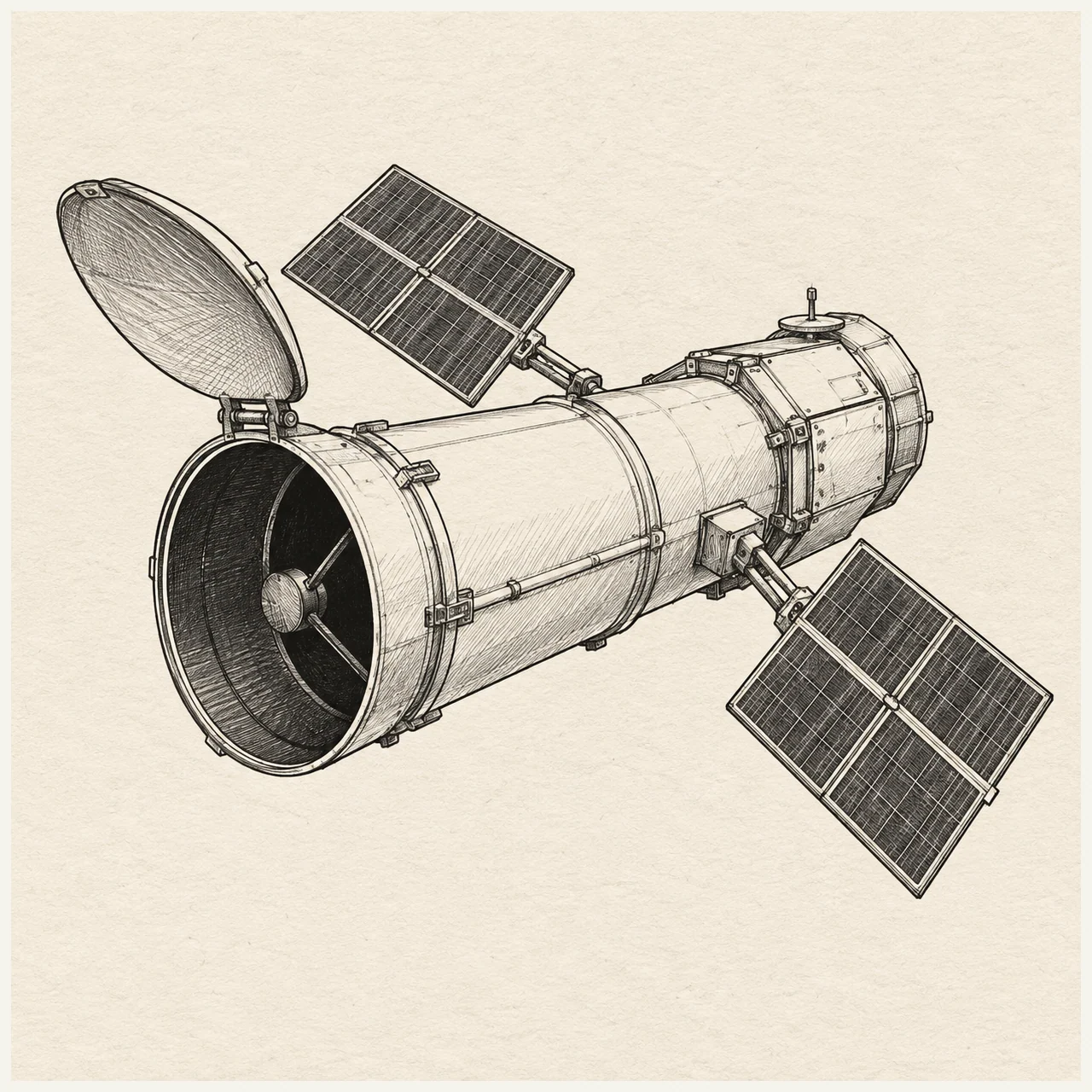 Orbiting space telescope with an open optical tube and two solar panels drawn in fineliner on warm textured paper.