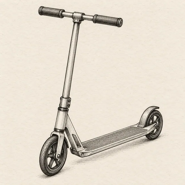 Kick scooter drawn in black and gray fineliner on pale cream textured sketchbook paper, with a complete silhouette and open margins.