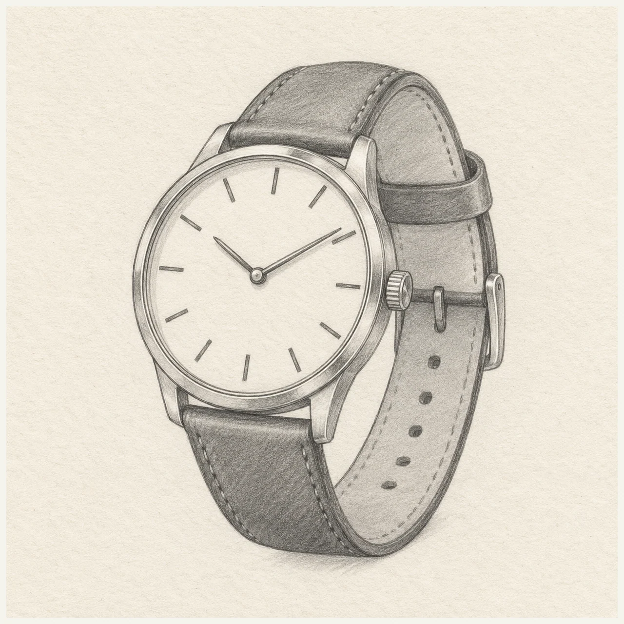 Pencil drawing of a wristwatch with twelve hour markers and a curved leather strap on textured paper.