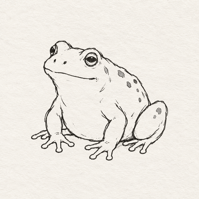 Sparse irregular spots added within the completed frog’s upper back and right haunch, with the forearms and broad interiors left clear.