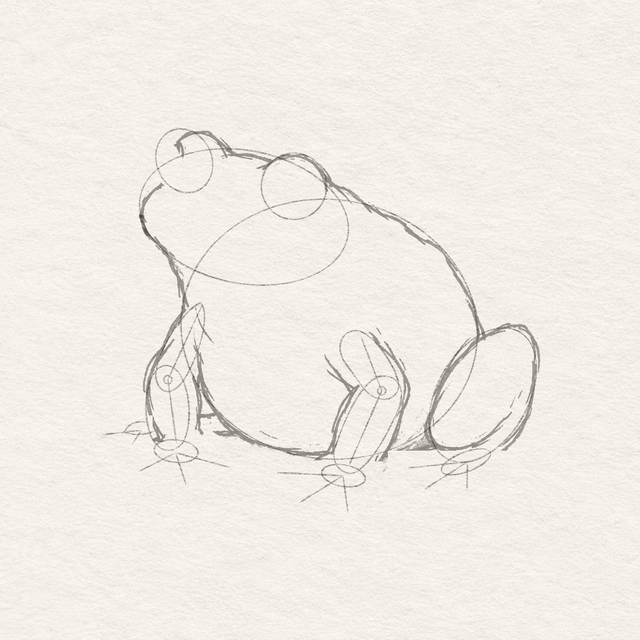 The same frog construction with selected leg contours and body overlaps added on the unchanged textured paper.